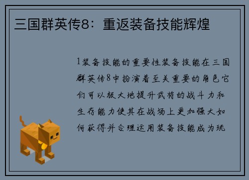 三国群英传8：重返装备技能辉煌
